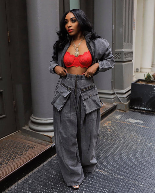 LUMAYA6306 Washed Denim Two Piece Set with Wide Leg Cargo Pants