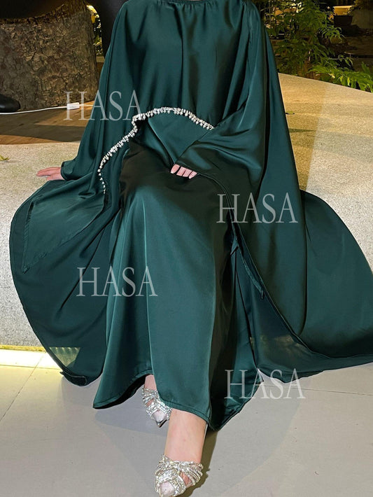 LUMAYA6476 Long Sleeves Glossy Robe with Pearl Embellishment