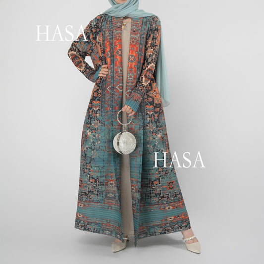 LUMAYA5850 Retro Oil Painting Print Belted Open-front Long Coat
