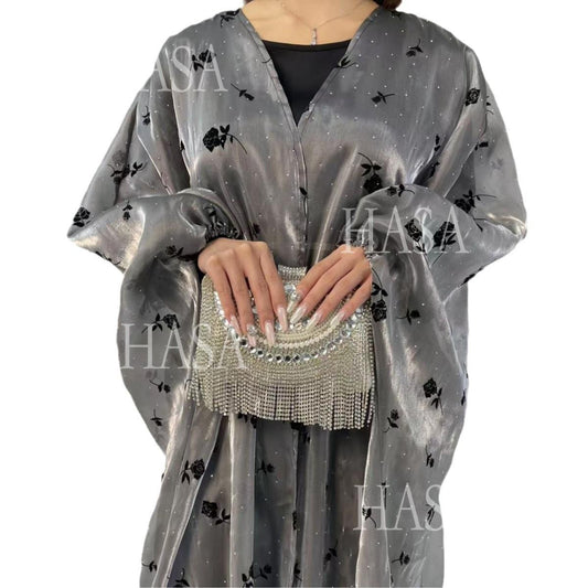 LUMAYA6536 Elegant Rose Pattern Abaya Outer Dress Set