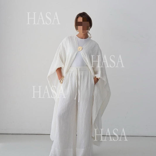 LUMAYA6486 Simple Cardigan with Wide-leg Pants, Solid Color Daily Two-piece Suit