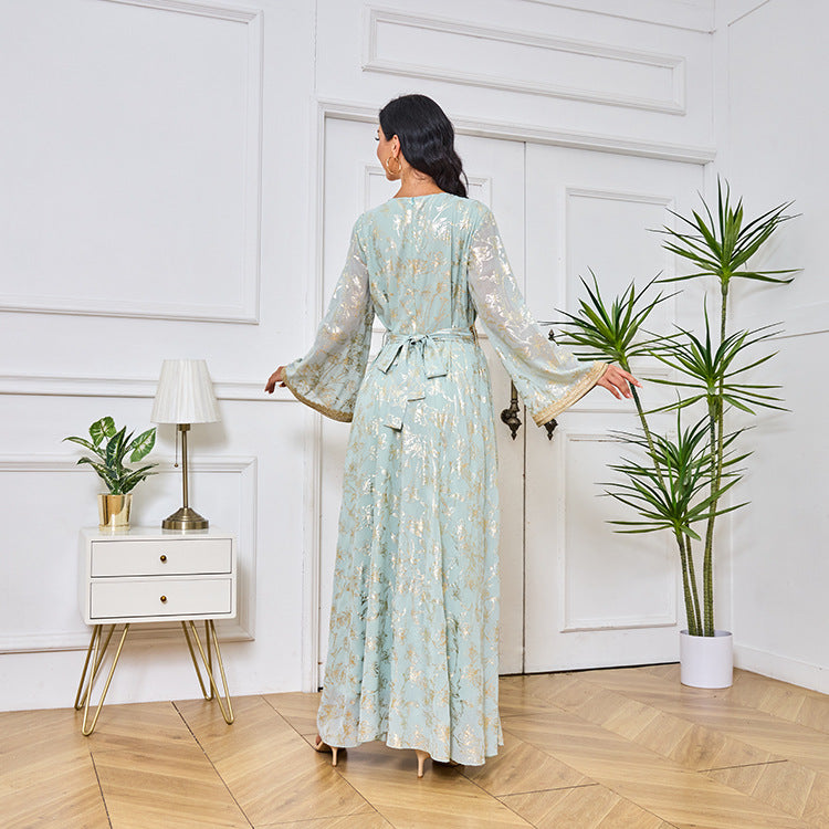 LM1249 Elegant Floral Abaya with Golden Detailing