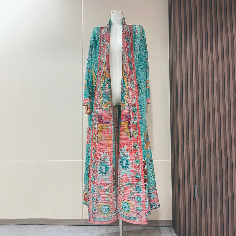 LUMAYA5852 Elegant, Retro-style Long Cardigan with Contrasting Printed Pattern.