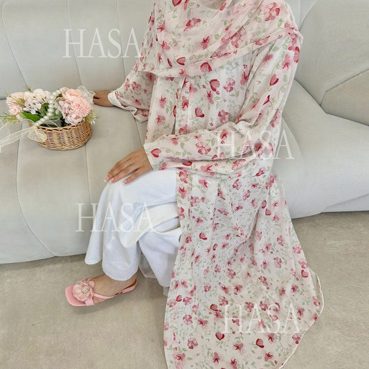 LUMAYA6515 Summer Printed Chiffon Jacket and Headscarf Two-Piece Set