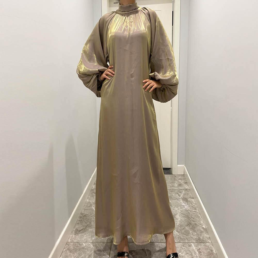 LUMAYA10043 LUMAYA Large Lantern Sleeves Long Bright Silk Dress Stand Up Collar Back Tie Women's Dress Abaya