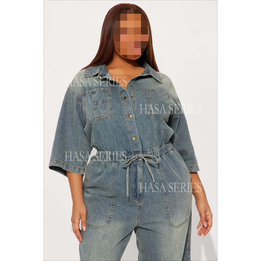 LUMAYASASERIES LUMAYA6686 Washed Denim Slim-fit Flared Jumpsuit