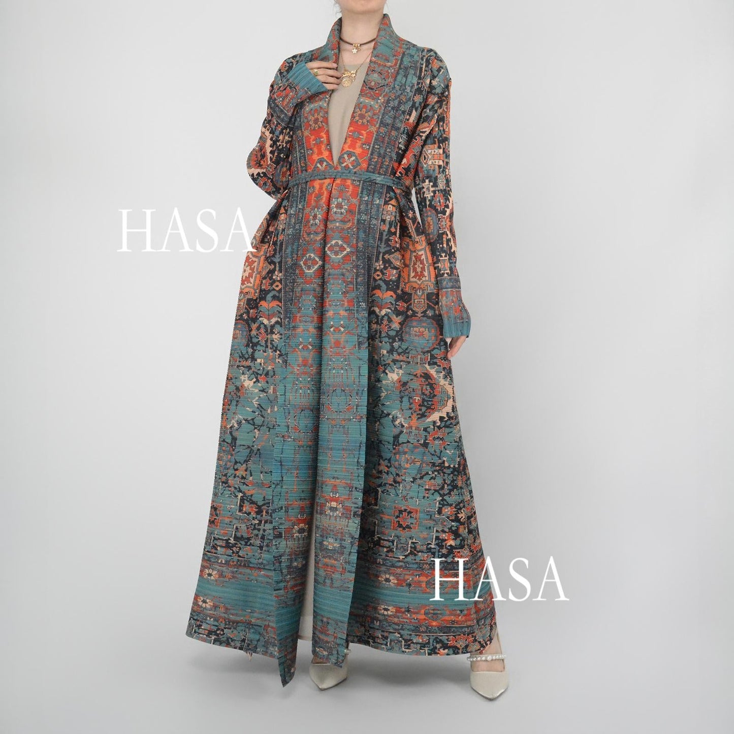 LUMAYA5850 Retro Oil Painting Print Belted Open-front Long Coat