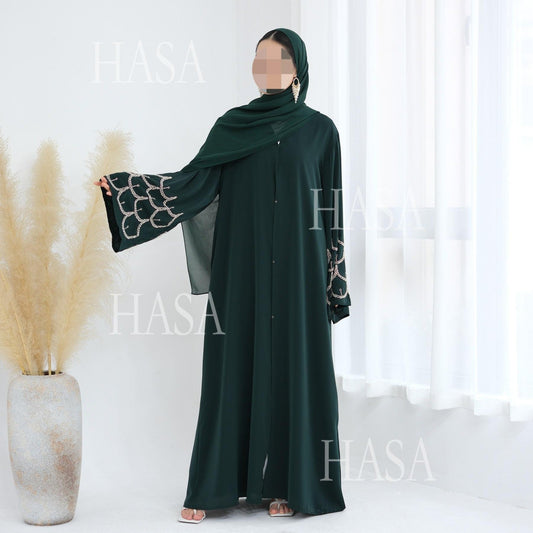 LM6608 Solid Color LMnd-beaded Long Cardigan (headscarf Not Included)