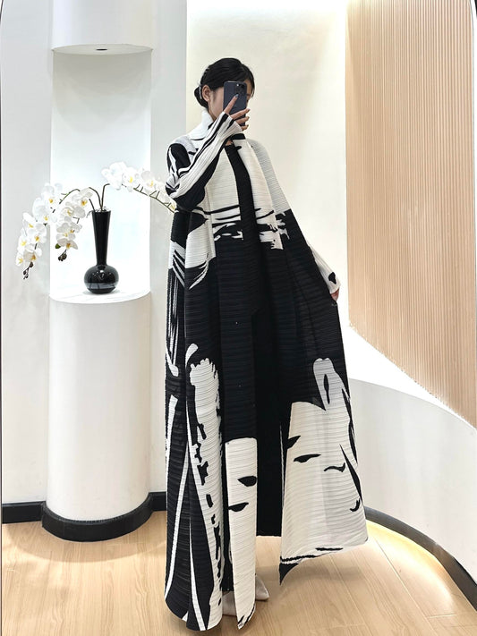 LUMAYA6726 White Abstract Belted Abaya with Artistic Prints
