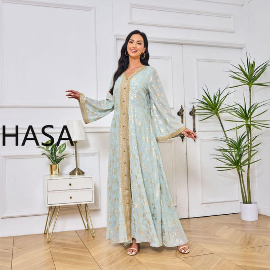 LM1249 Elegant Floral Abaya with Golden Detailing