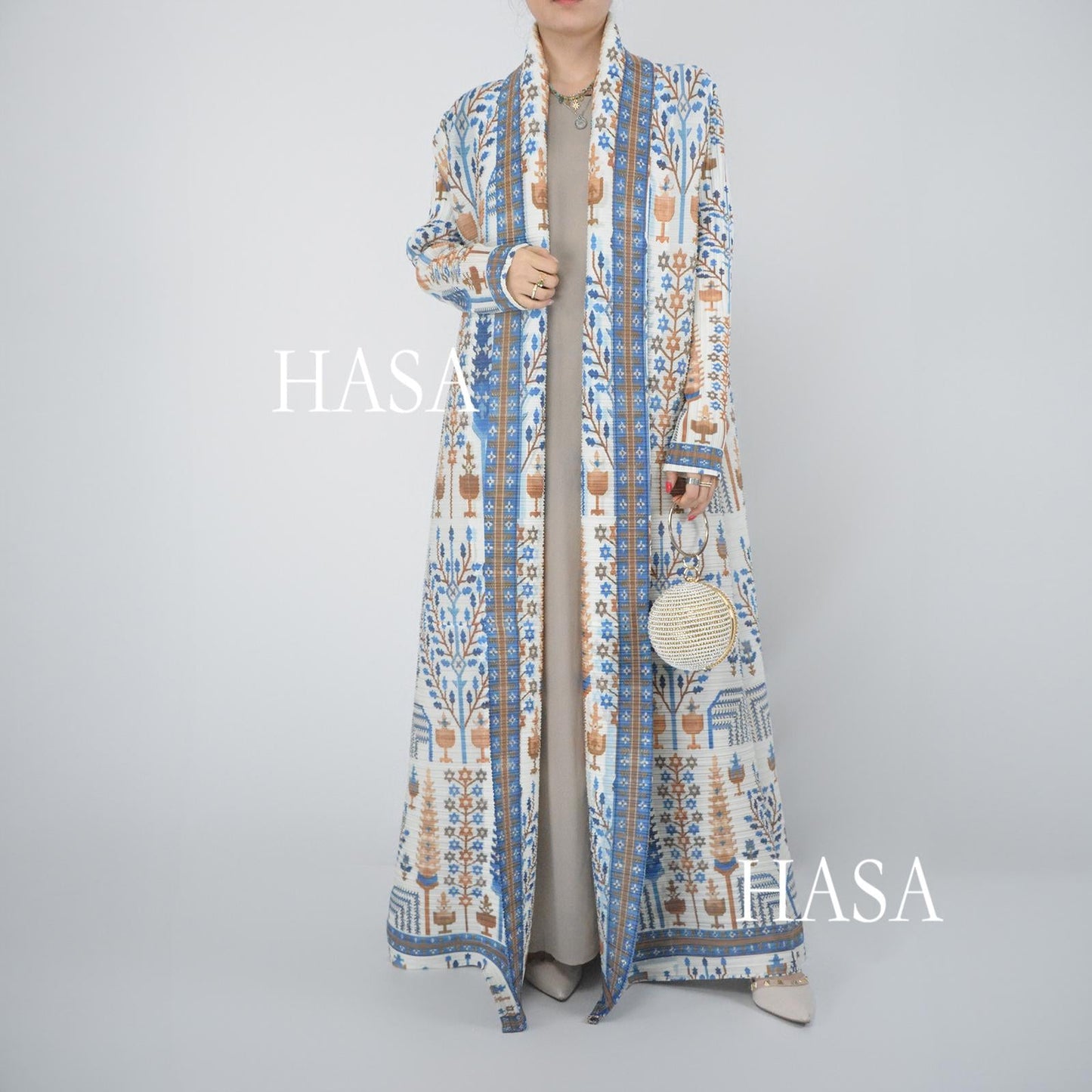 LUMAYA5849 Blue and Orange Geometric Print Open-front Long Coat (with Belt)