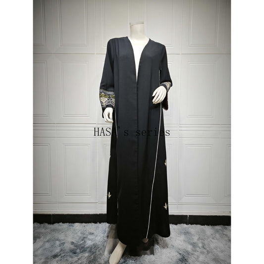 LUMAYA5090 Classic black embroidered patchwork robe, designed as a loose, open-front dress.