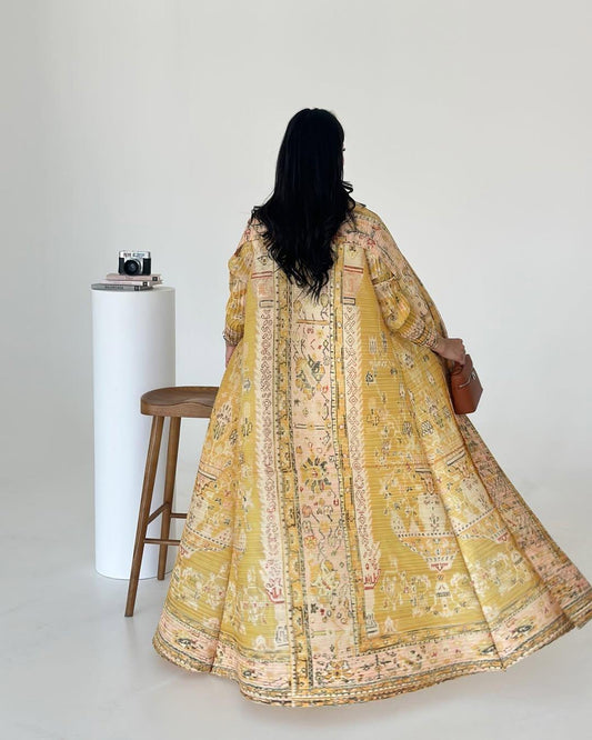 LUMAYA5843 Retro Warm Yellow Floral Textured Open-front Long Coat