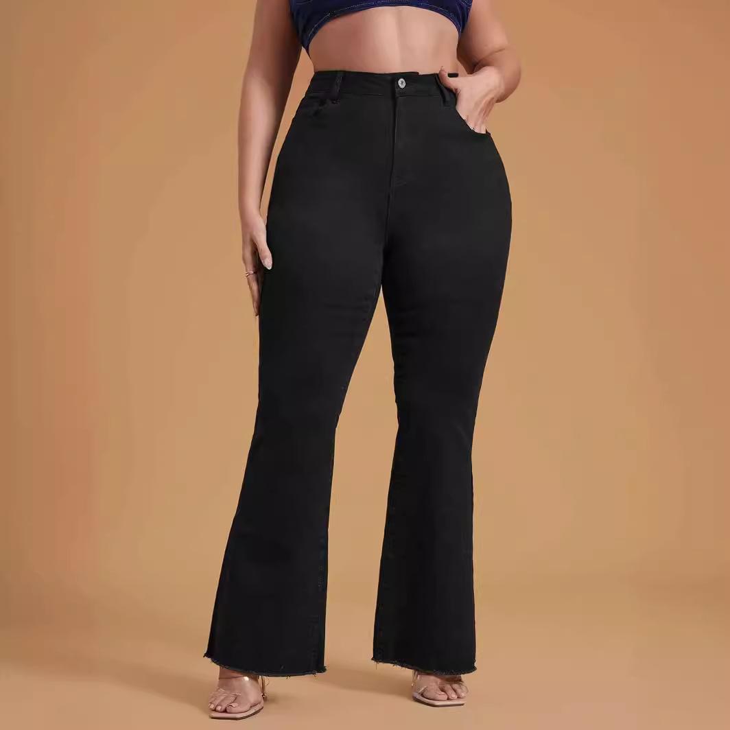 LUMAYA2331 Plus Size Black Stretchy Frayed-hem Wide-leg Flare Jeans