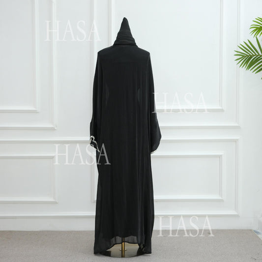 LUMAYA6553 Two-Piece Solid Abaya with Beaded Details and Matching Scarf Option
