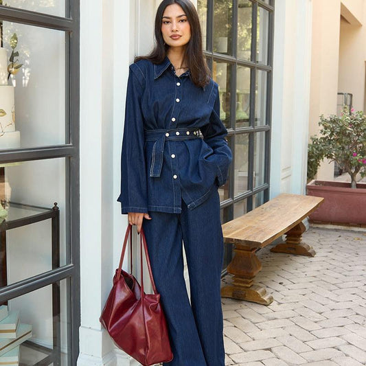 LM5890 Completo in Denim Lavato Primaverile Per Donne Con Cintura, Giacca Monopetto A Maniche Lunghe E Pantaloni A Vita Alta