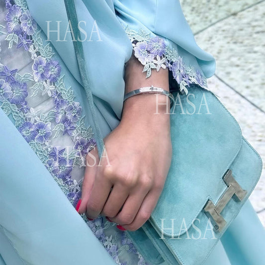 LUMAYA6562 Blue Bow Embroidered Abaya Tunic Cardigan