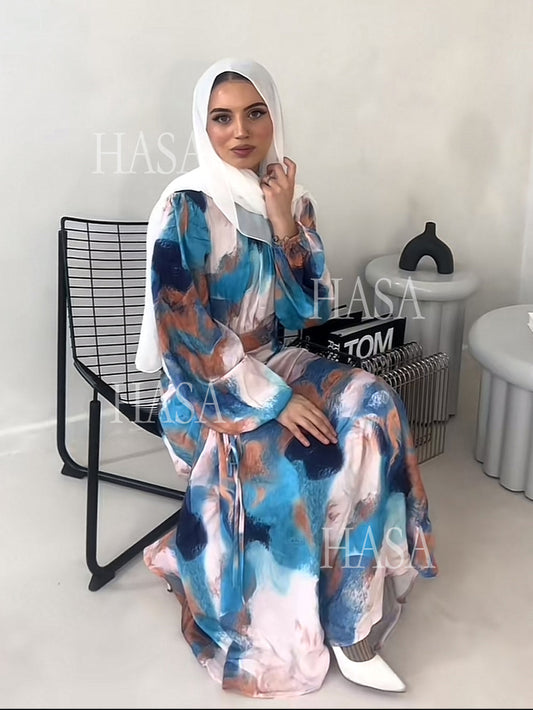 LUMAYA LM1228 Spring New Fashion Style Graffiti Bubble Sleeves Long Dress
