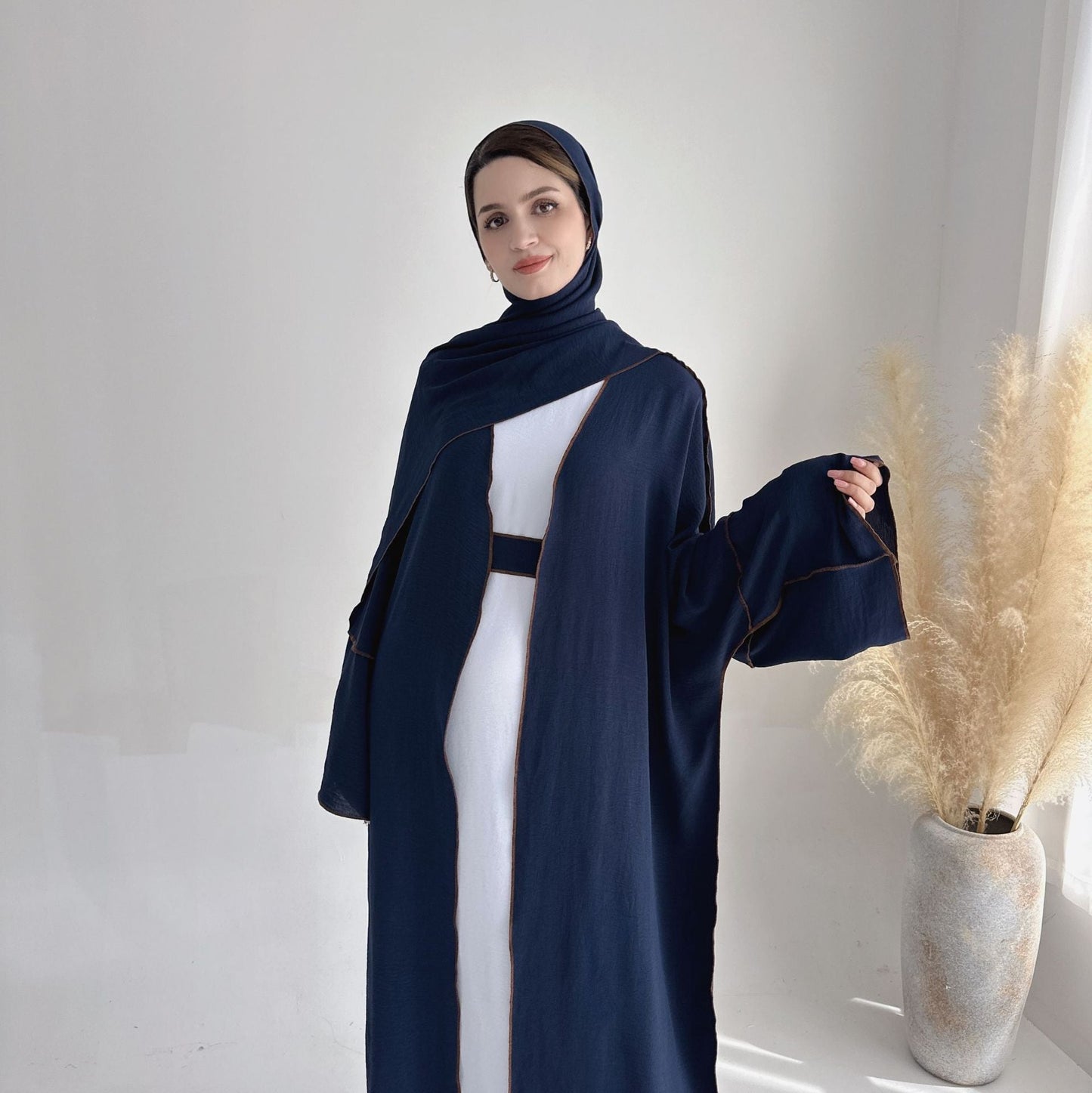LMSA LM1246H 2 PCS SET Crepe Solid Color Loose Hem Cardigan Robe with Hijab