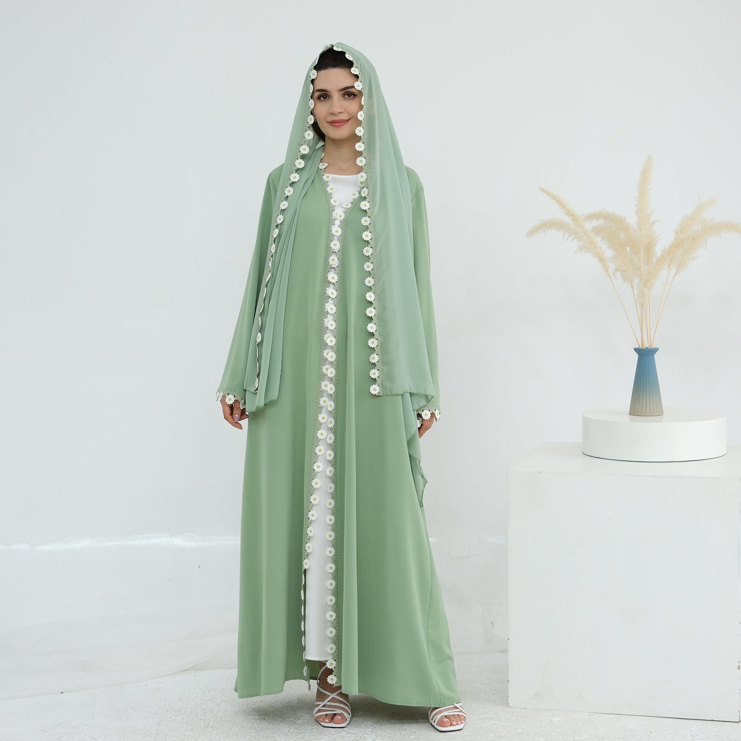 LM6616 Green Flower Stitching Cardigan Two-Piece Set (Including Headscarf)
