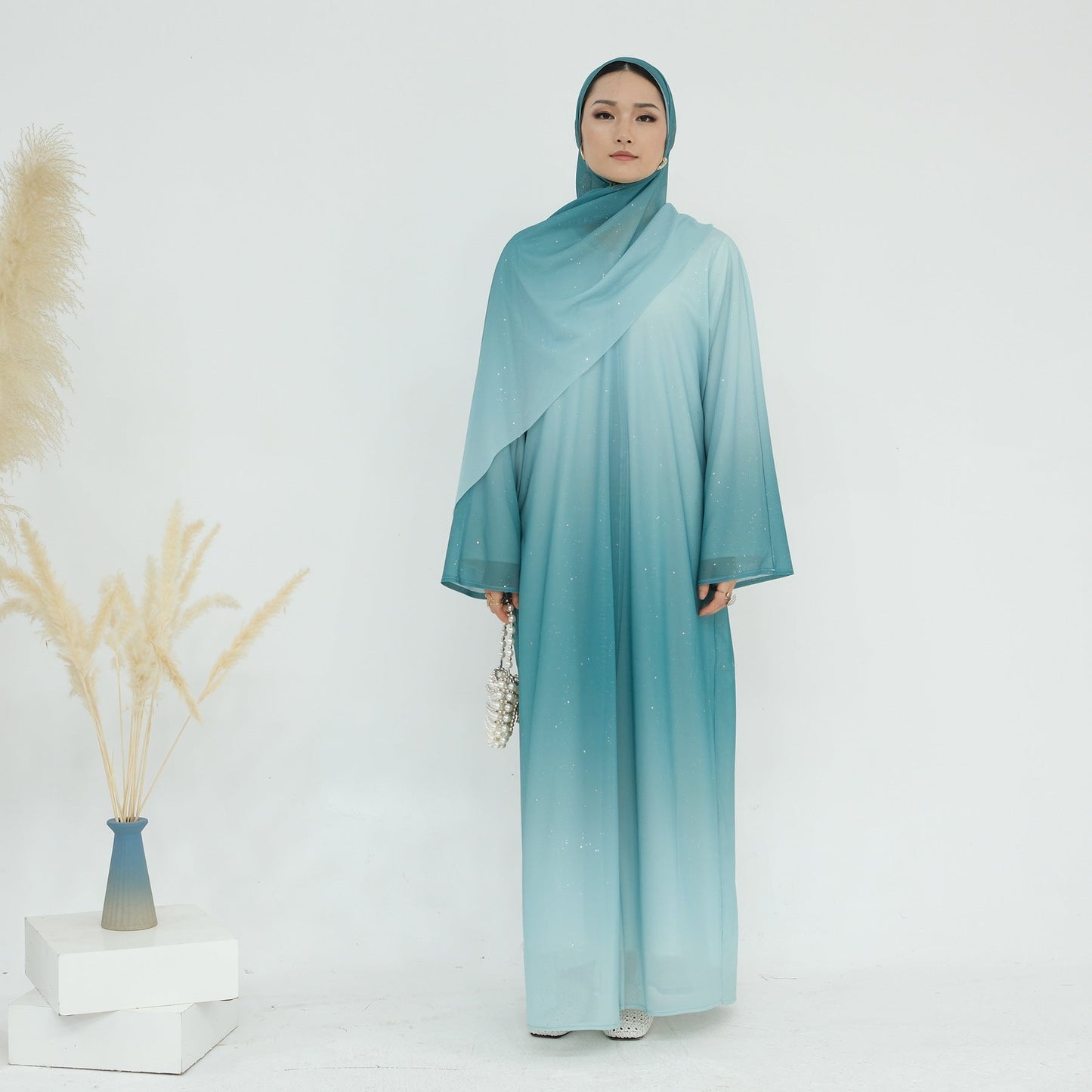 LM6617 Gradient Color Long Cardigan Two-Piece Set (Including Headscarf)