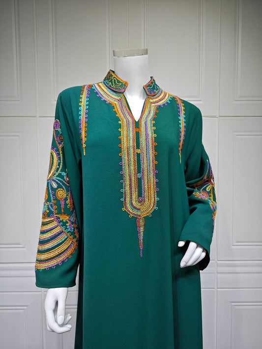 LM6661 Rope Embroidery Pullover Robe Dress, Long Sleeves, Loose Fit.