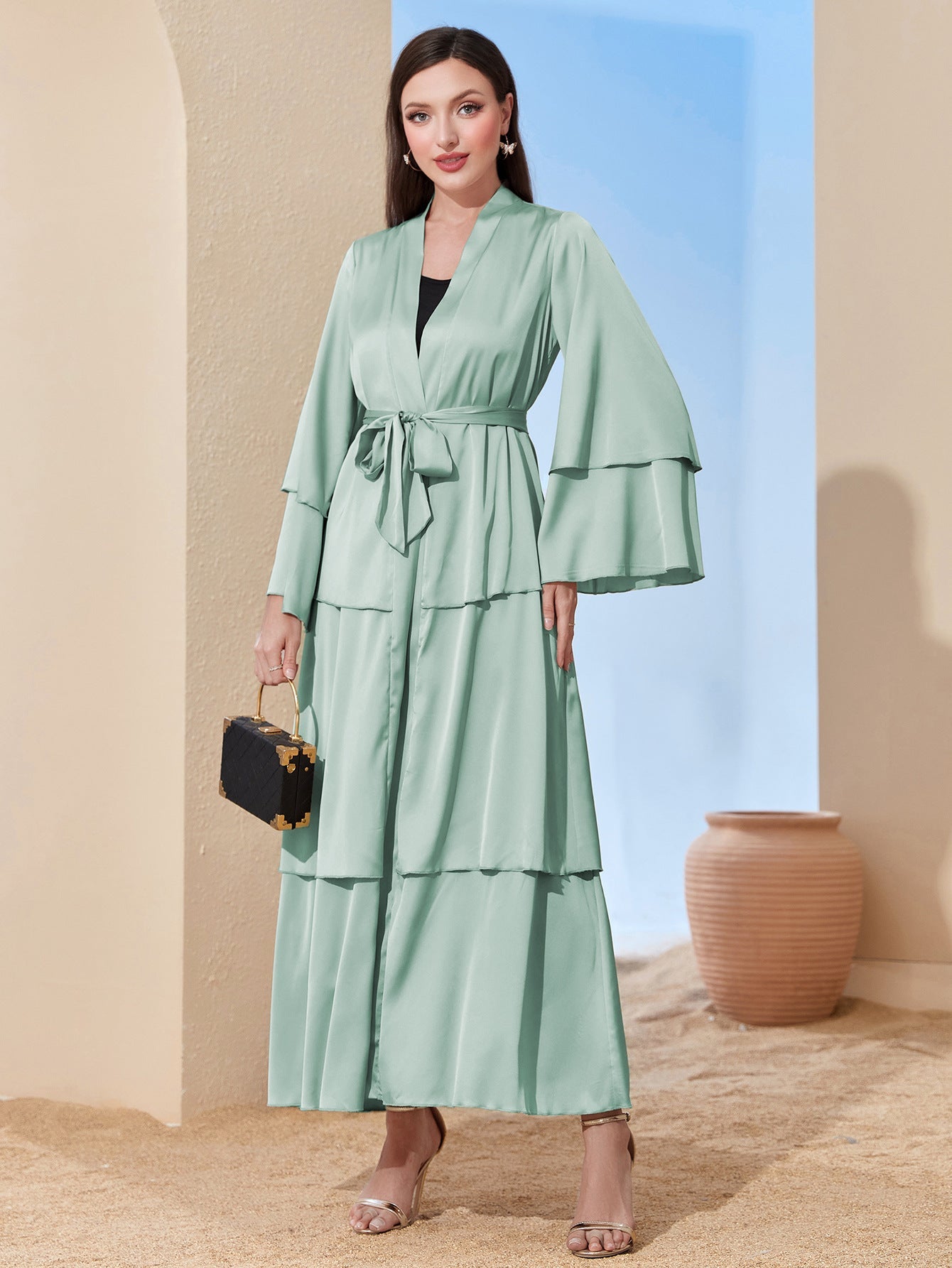 LUMAYA LUMAYA0480 Elegant Satin Silk Fabric Three Layer Open Abaya with Two Layer Sleeves