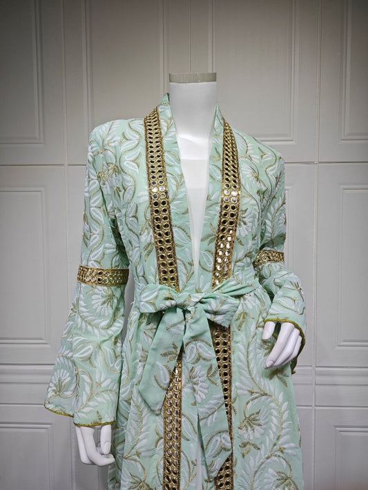 LM6664 Waist-cinching belted long dress set with lightweight printed jacket