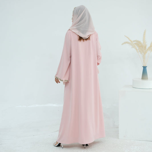 LM6618 Pink Flower Stitching Cardigan Two-Piece Set (Including Headscarf)