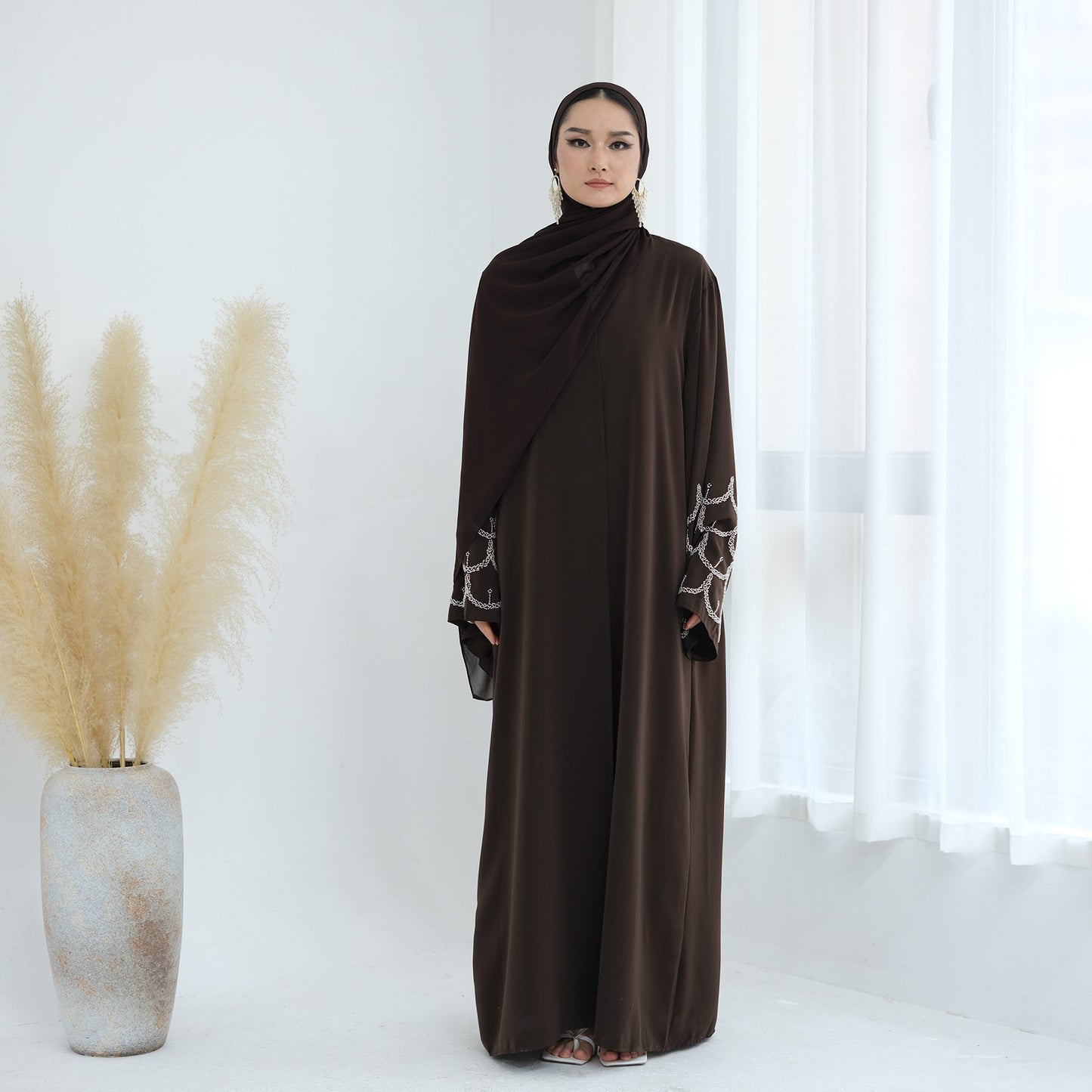LM6608 Solid Color LMnd-beaded Long Cardigan (headscarf Not Included)