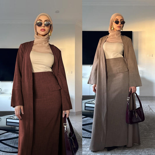 LM6607 Fashion Solid Color Cardigan with Skirt Two-piece Set