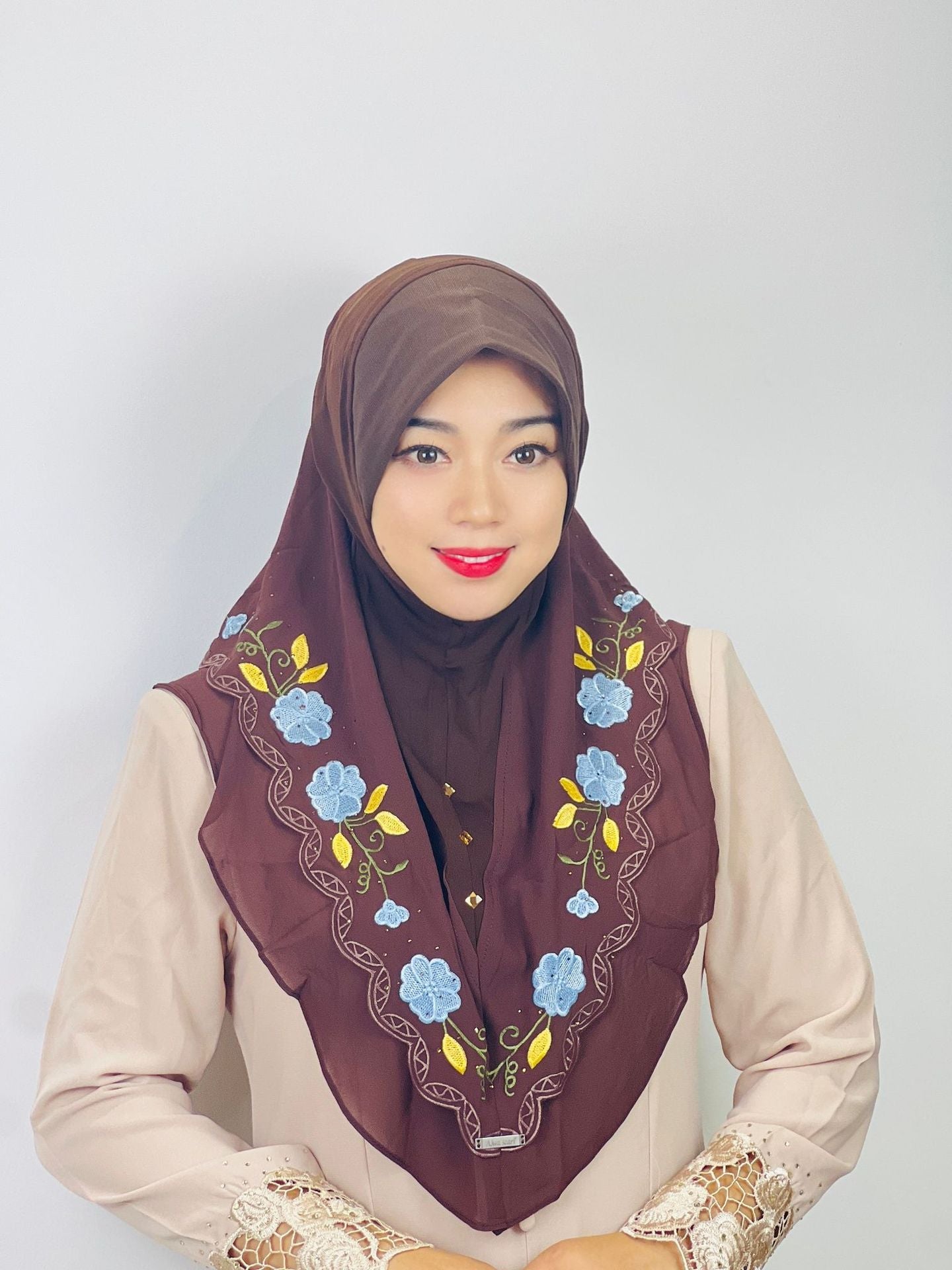 LUMAYA LM1105 Double Layered Floral Embroidered Lace Headscarf for Women