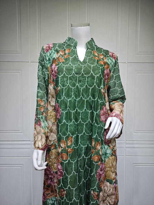 LM6667 Printed Long-sleeved Dress with A Small V-neck Design
