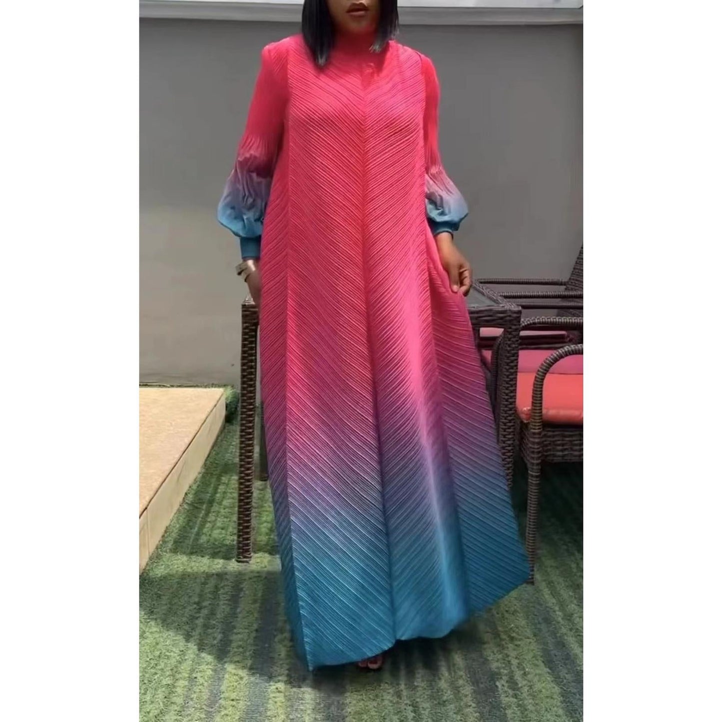 LUMAYA5824 Women's clothing gradual cLUMAYAnge color lantern sleeves high sense middle east dress