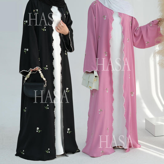 LUMAYA6472 Longline Cardigan with Delicate Floral Details and Curved Edging