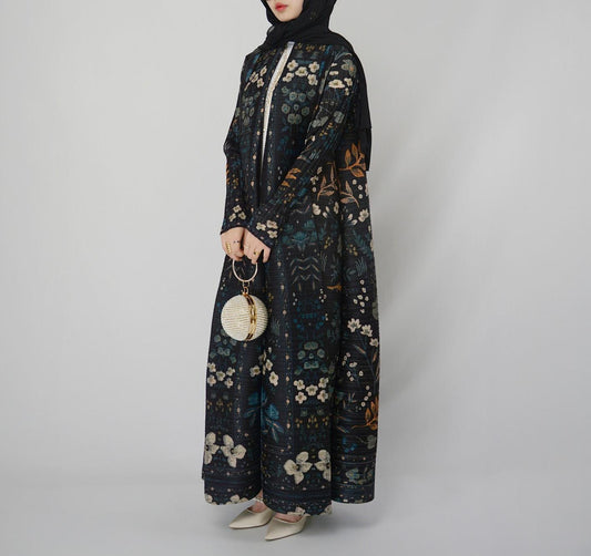 LUMAYA5836 Dark-colored, Long, Open-front Jacket with A Plant Print (with Belt)