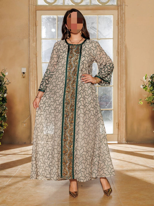 LM6668 A Simple and Elegant Long Dress Adorned with Mesh Embroidery.