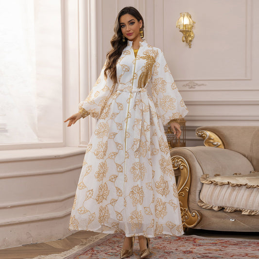 LM6651 Floral Print Long Dress, Elegant Stand-up Collar Evening Gown