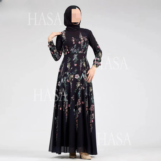 LUMAYA6531 Chiffon Printed Ankle-Length Maxi Dress with Long Sleeves