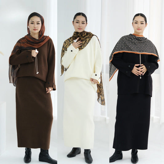 LM6601 Autumn and Winter Thickened Knitted Suit Solid Color Two-piece Skirt Suit (optional Headscarf)