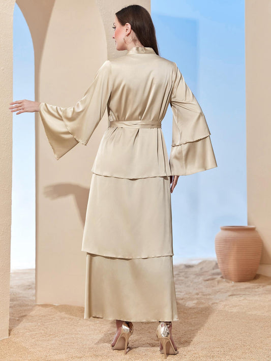 LUMAYA LUMAYA0480 Elegant Satin Silk Fabric Three Layer Open Abaya with Two Layer Sleeves