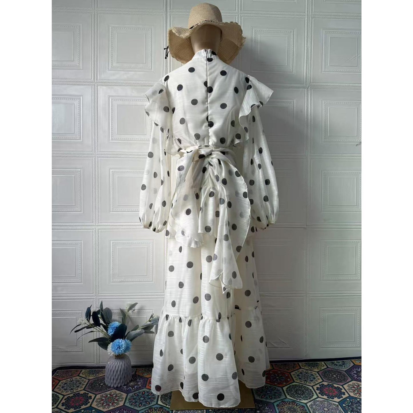 LUMAYA6732 Vintage Polka Dot Co-ord Set Puff Sleeve Blouse & Long Ruffle Skirt Outfit