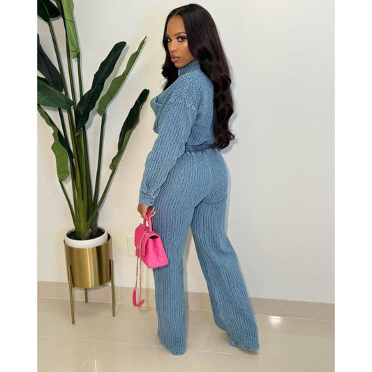 LM6303 Fashion, Long Sleeve Pants, Denim Women's Two-piece Set