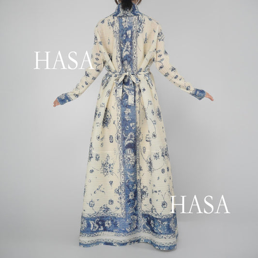 LUMAYA5851 Elegant, Retro-style Blue Floral Print Open-front Long Coat.