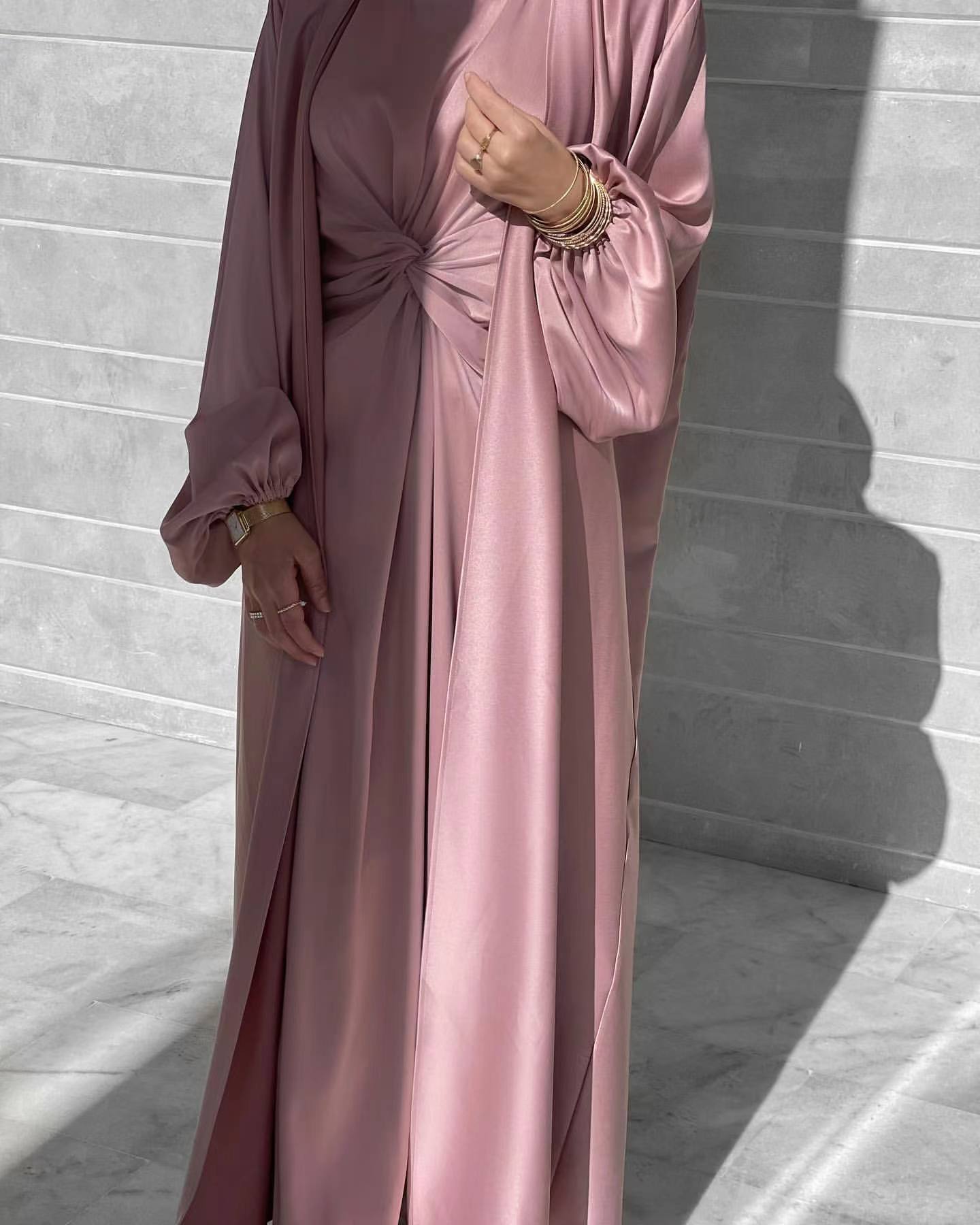 LUMAYA10061 Fashion solid colour two-piece dress cardigan set Abaya