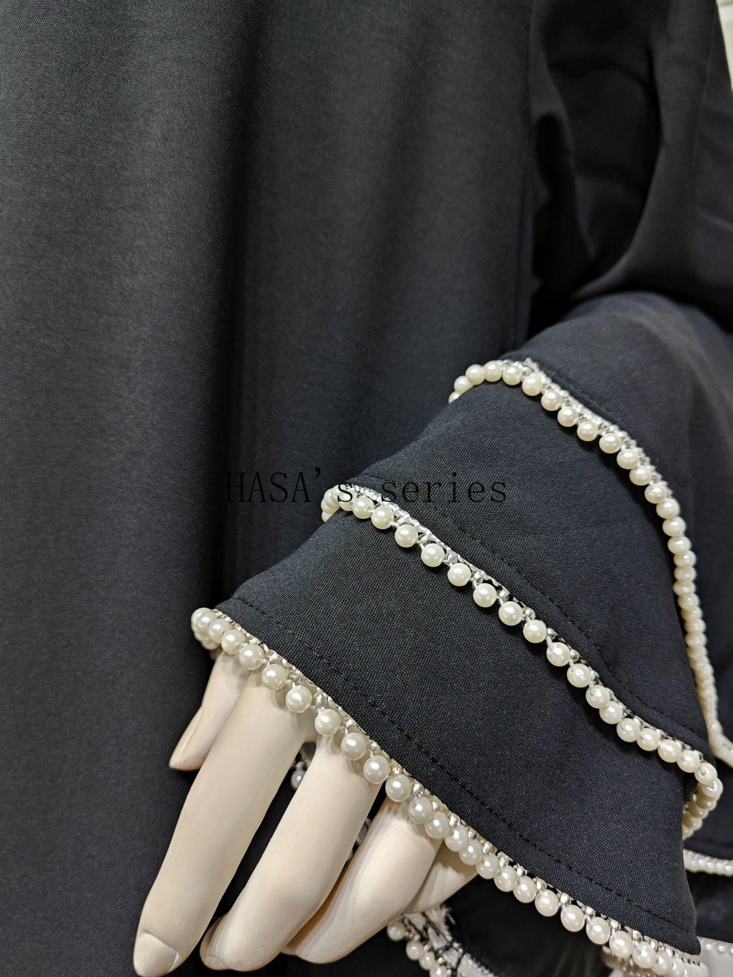 LUMAYA5093 Elegant black cardigan-style long robe with wide sleeves and a round-neck dress design featuring beaded embellishments.