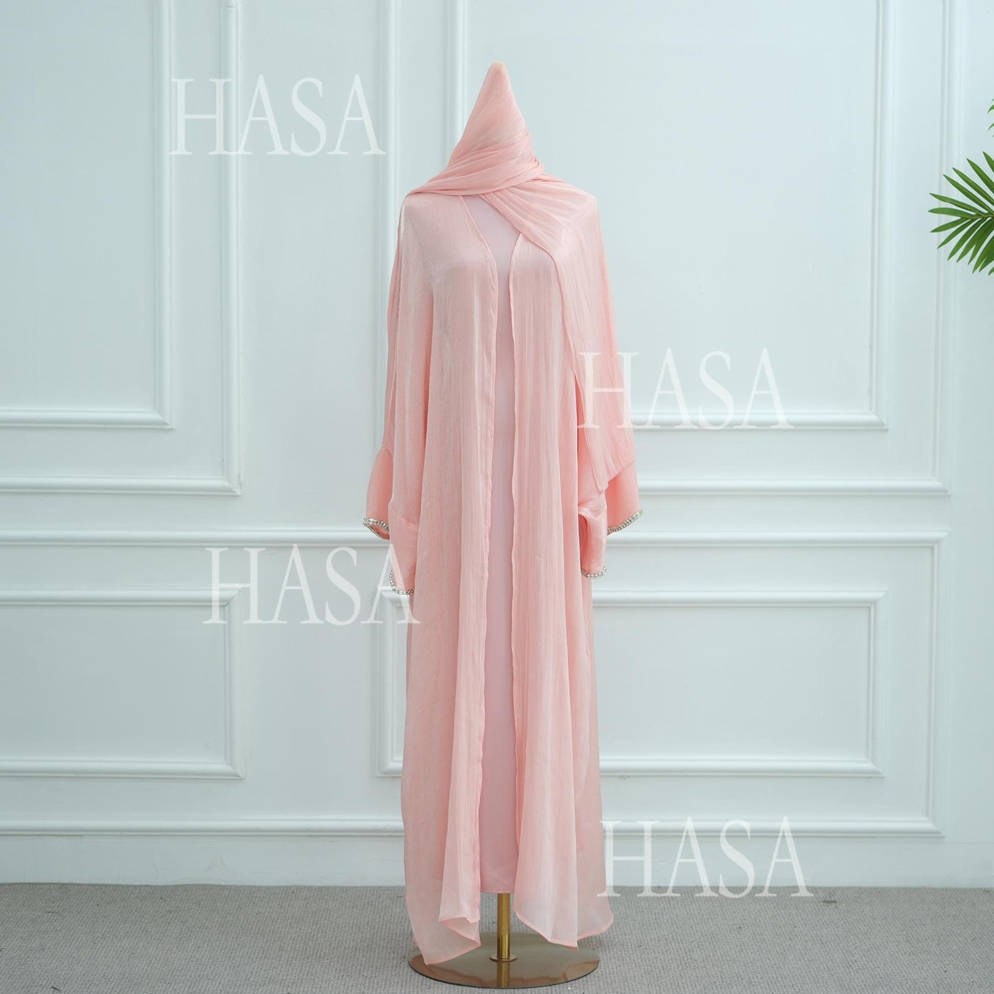 LUMAYA6553  Two-Piece Solid Abaya with Beaded Details and Matching Scarf Option