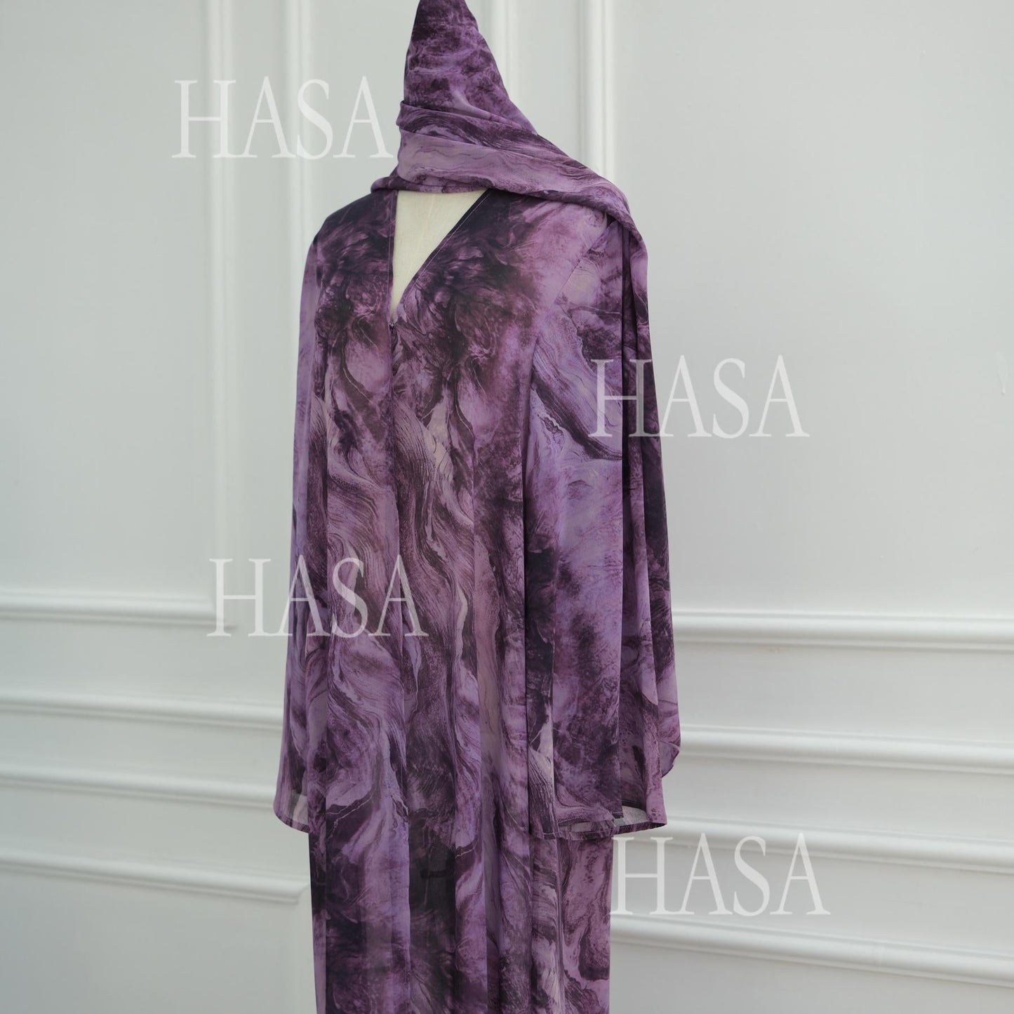 LUMAYA6551 Printed Abaya Cardigan with Matching Scarf Two-Piece Set