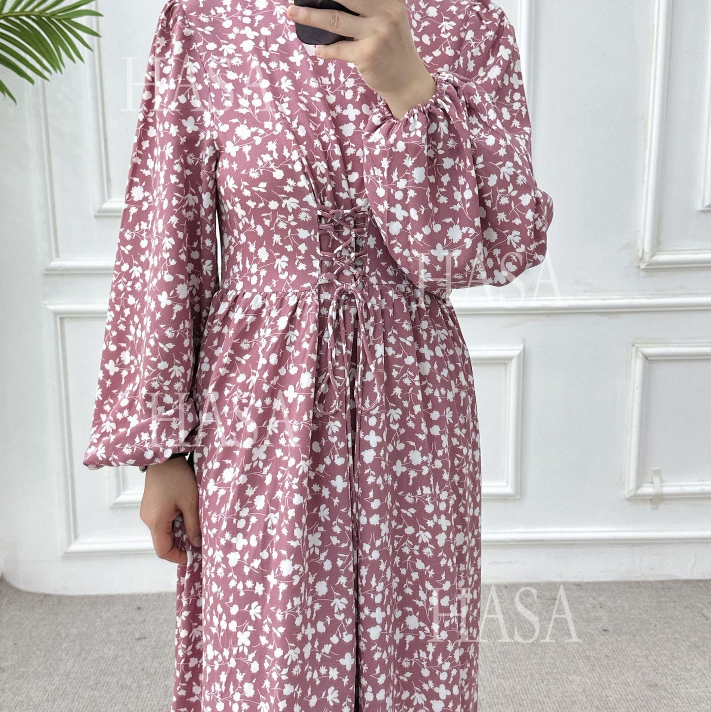 LUMAYA6489 Long-sleeved Floral Maxi Dress with Natural Waist