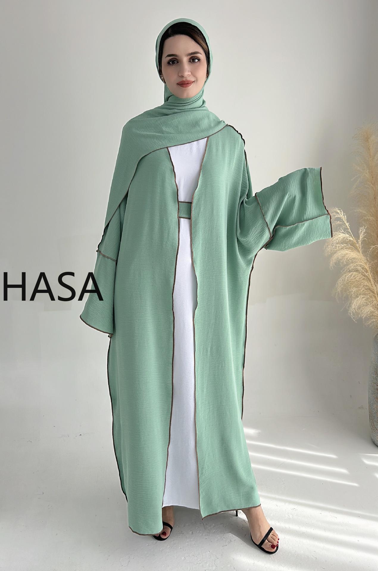 LMSA LM1246H 2 PCS SET Crepe Solid Color Loose Hem Cardigan Robe with Hijab